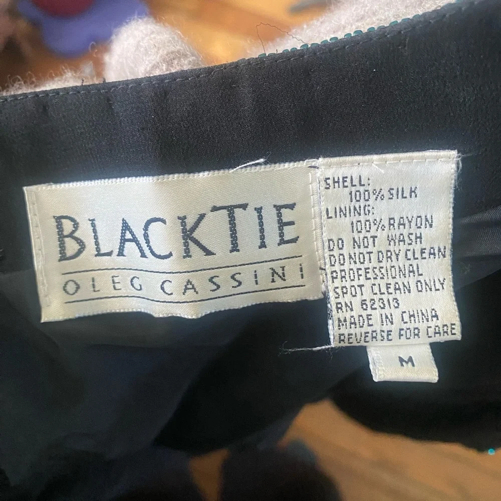 Vintage 80s Oleg Cassini Black Tie Black Silk Jacket Designer Turquoise Purple M - Picture 7 of 8